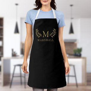 Tablier Noir Et Or Moderne Élégant Monogramme Floral Nom