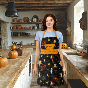 Tablier noir Halloween avec fantômes, étoiles, sol