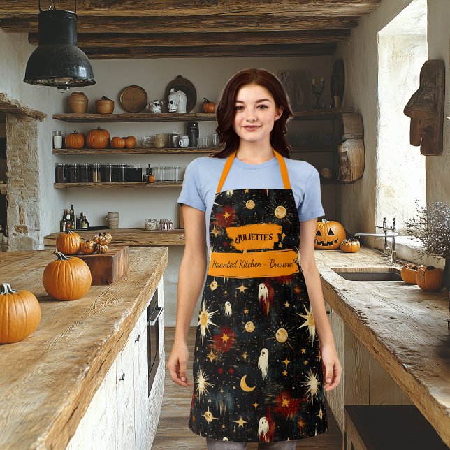 Tablier noir Halloween avec fantômes, étoiles, sol (Créateur téléchargé)