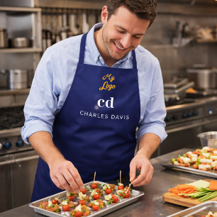 Tablier Nom commercial bleu marine monogramme blanc nom