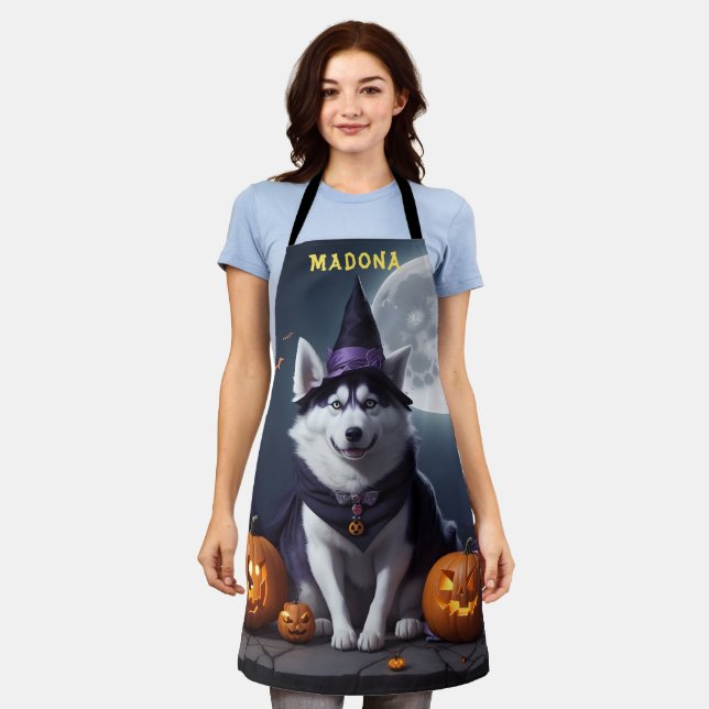 Tablier Nom customisé Éffrayant Husky Dog Halloween (Porté)