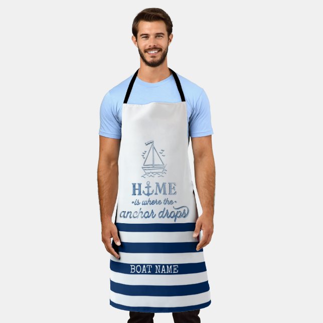 Tablier Nom de bateau nautique, ancre rayée bleu marine (Porté)