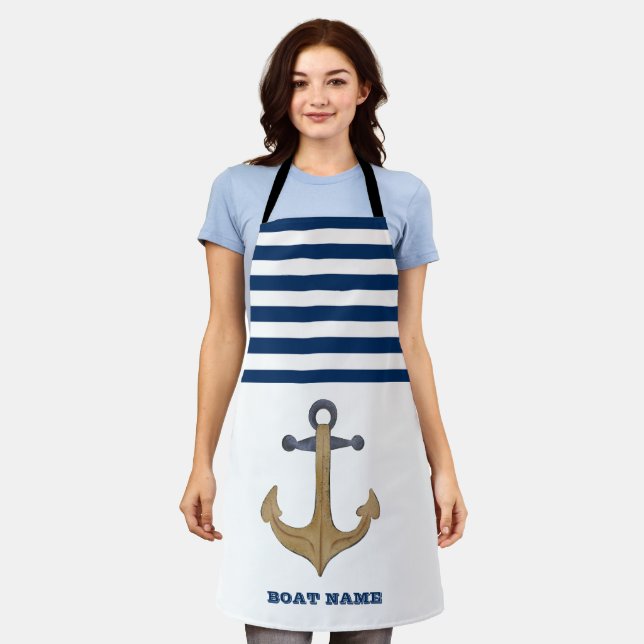 Tablier Nom de bateau nautique, Rayure bleu marine d'ancre (Porté)