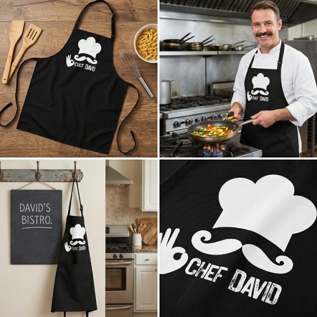 Tablier Nom de chef à moustache noire drôle (chef aprons unique cooking housewarming funny birthday holiday modern script bbq fathers day gift)