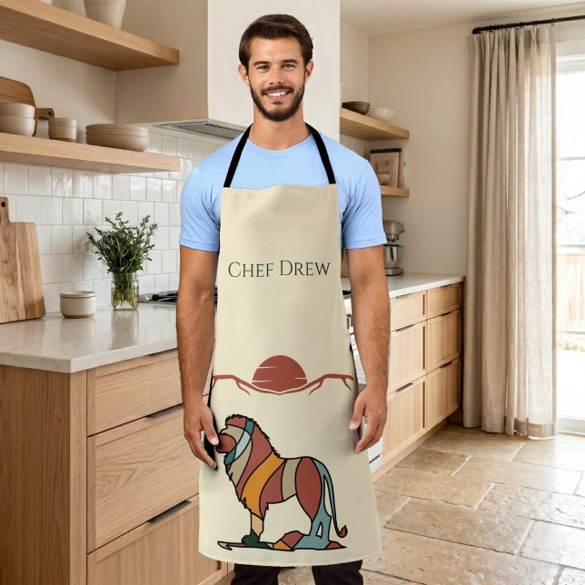 Tablier Nom de Chef Personnalisé Lion Boho BBQ Milieu de S (Custom Chef Name Lion Boho Mid Century BBQ Gift Apron)