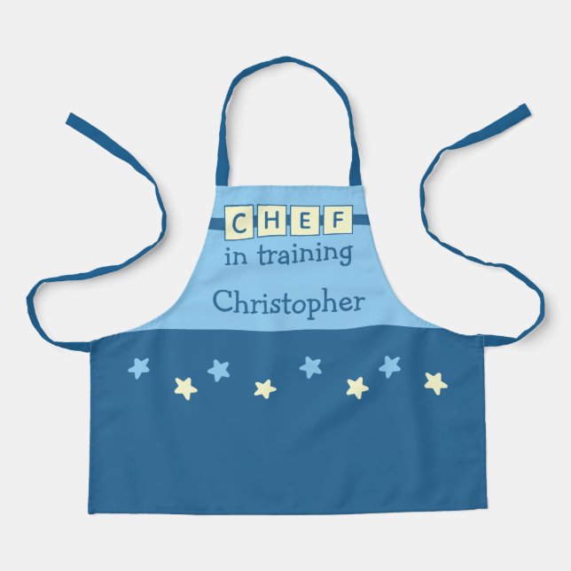 Tablier Nom de Chef pour enfants étoiles bleu jaune (Recto)