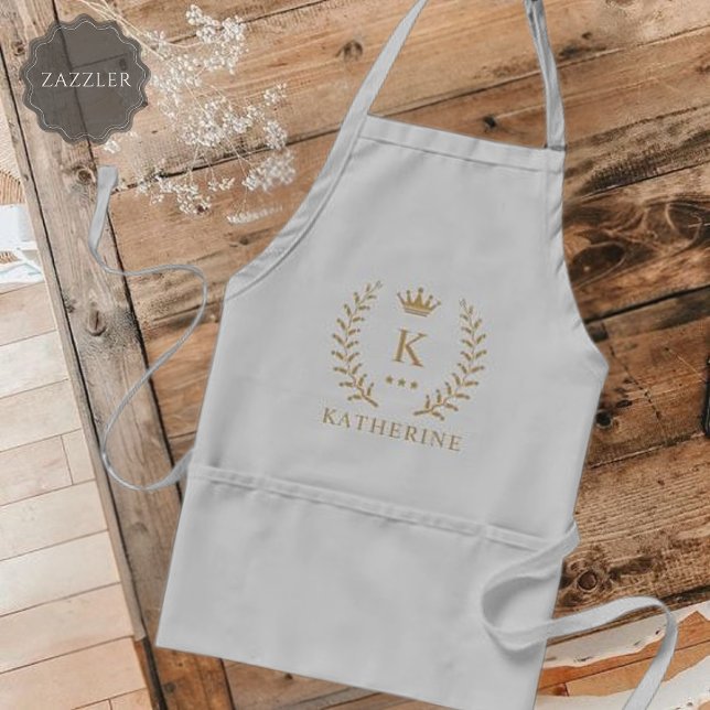Tablier Nom de la Personnaliser et premier monogramme noir (Customize Name & Initial Black White Gold Monogram Adult Apron)