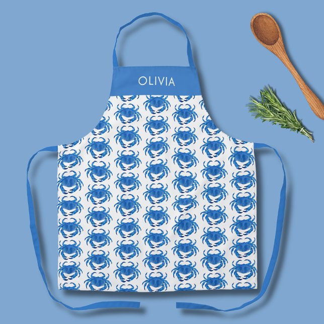 Tablier Nom de motif de crabe bleu (Personalized blue crab pattern kitchen apron with white background.)