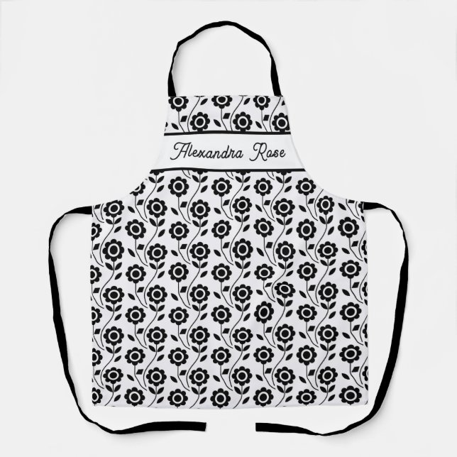 Tablier Nom de motif de fleur géométrique moderne noir et  (Recto)