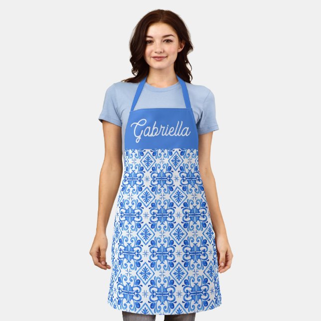 Tablier Nom de motif de toile française bleue (Porté)