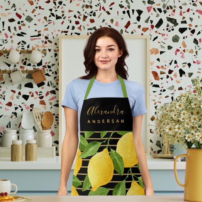 Tablier Nom de script de citron noir pour la cuisine à la  (Lemon Citrus Watercolour Script Name Stylish Chef Apron)