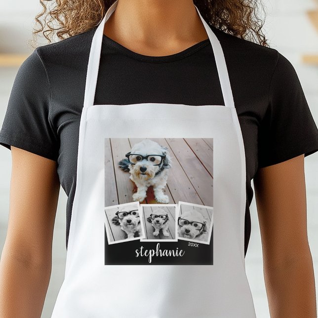 Tablier Nom de script de collage photo tendance Blanc Noir (Personalized Kitchen Apron)