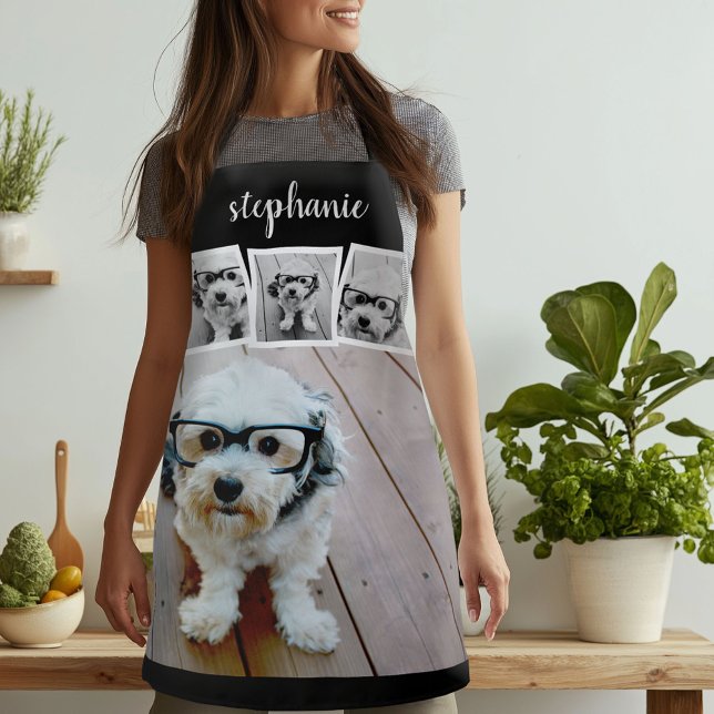 Tablier Nom de script de collage photo tendance blanc noir (Custom Photo Apron)