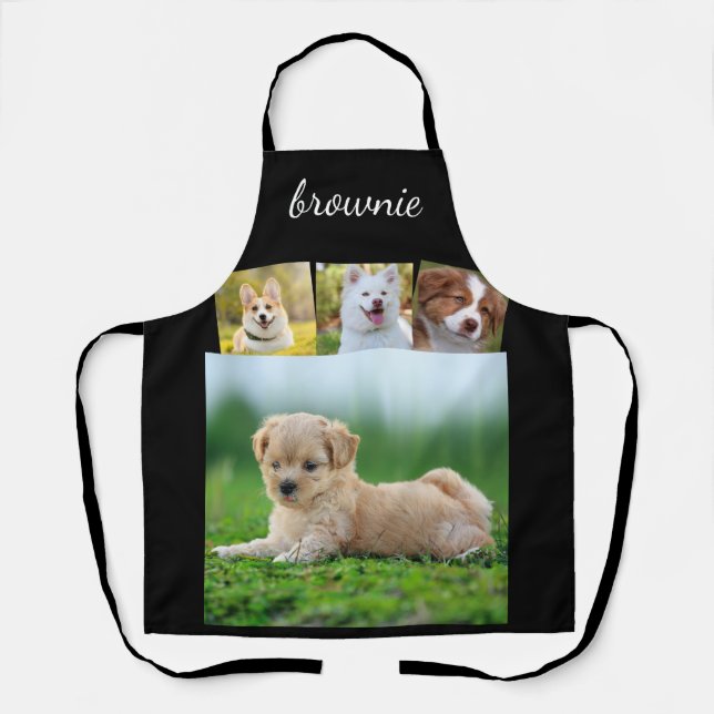 Tablier Nom de script noir blanc 4 photos personnalisé Apr (Recto)