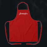Tablier Nom de script rouge personnalisé Womens Kitchen<br><div class="desc">Montrez votre style tout en cuisine avec ce Red Script Name personnalisé Womens Kitchen Apron. Le nom est dans un élégant script blanc centré sur l'avant de solide tablier rouge foncé. Idéal pour protéger les vêtements contre les taches et les déversements pendant la cuisine. Disponible en différentes couleurs. Cliquez sur...</div>