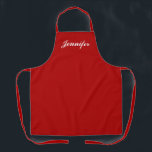 Tablier Nom de script rouge personnalisé Womens Kitchen<br><div class="desc">Montrez votre style tout en cuisine avec ce Red Script Name personnalisé Womens Kitchen Apron. Le nom est dans un élégant script blanc centré sur l'avant de solide tablier rouge foncé. Idéal pour protéger les vêtements contre les taches et les déversements pendant la cuisine. Disponible en différentes couleurs. Cliquez sur...</div>