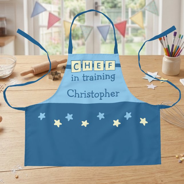 Tablier Nom du Chef enfant étoiles bleu jaune (Créateur téléchargé)