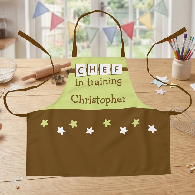 Tablier Nom du Chef Enfant étoiles vert marron (Créateur téléchargé)