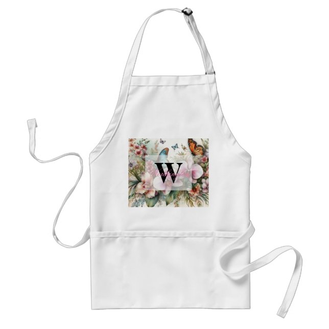 Tablier Nom du monogramme Fleurs tropicales Aquarelle feui (Devant)