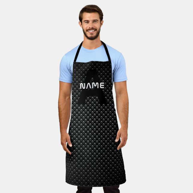 Tablier Nom du monogramme personnalisé Texture noire et bl (Porté)