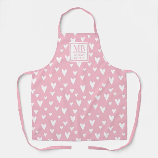 Tablier Nom du monogramme Rose Moderne Amour Coeur Fille (Recto)