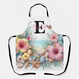 Tablier Nom du monogramme sur l'aquarelle Fleurs coquillag
