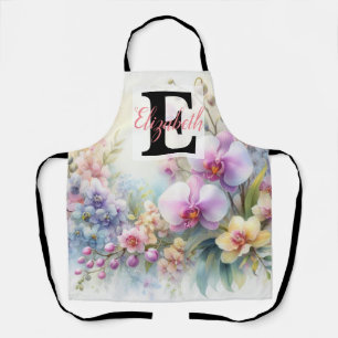 Tablier Nom du monogramme sur l'aquarelle Fleurs dans les