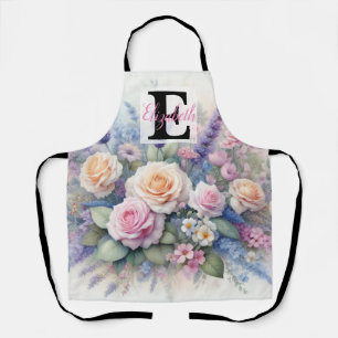 Tablier Nom du monogramme sur l'aquarelle Fleurs dans les