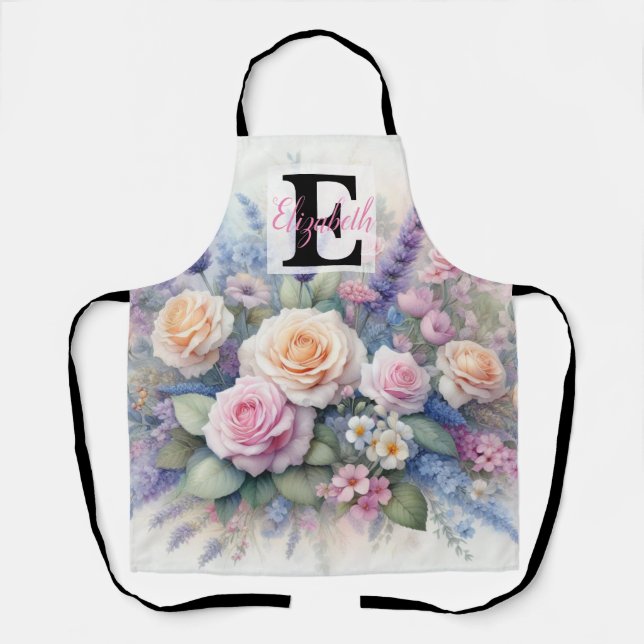 Tablier Nom du monogramme sur l'aquarelle Fleurs dans les  (Recto)
