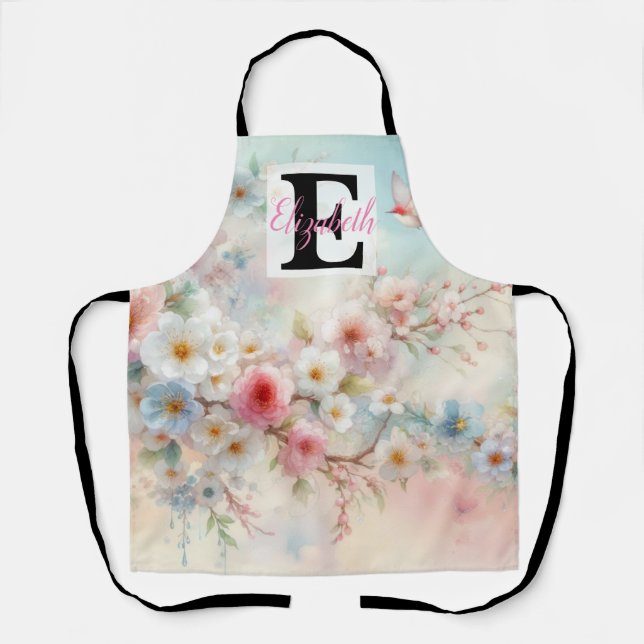Tablier Nom du monogramme sur l'aquarelle Fleurs dans les  (Recto)