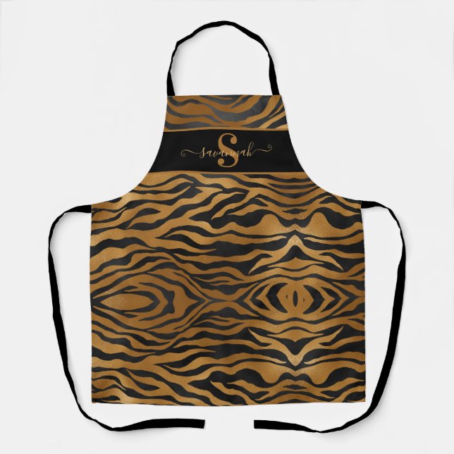 Tablier Nom élégant et classe avec monogramme or et léopar (Recto)