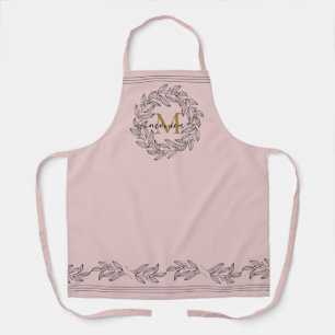 Tablier Nom floral élégant Monogramme initial Rose Noir
