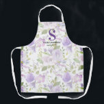 Tablier Nom initial mou de la floraison violette<br><div class="desc">Élégant tablier tout-en-un imprimé avec un joli motif floral d'aquarelle violette,  votre initiale,  nom,  et une citation.</div>