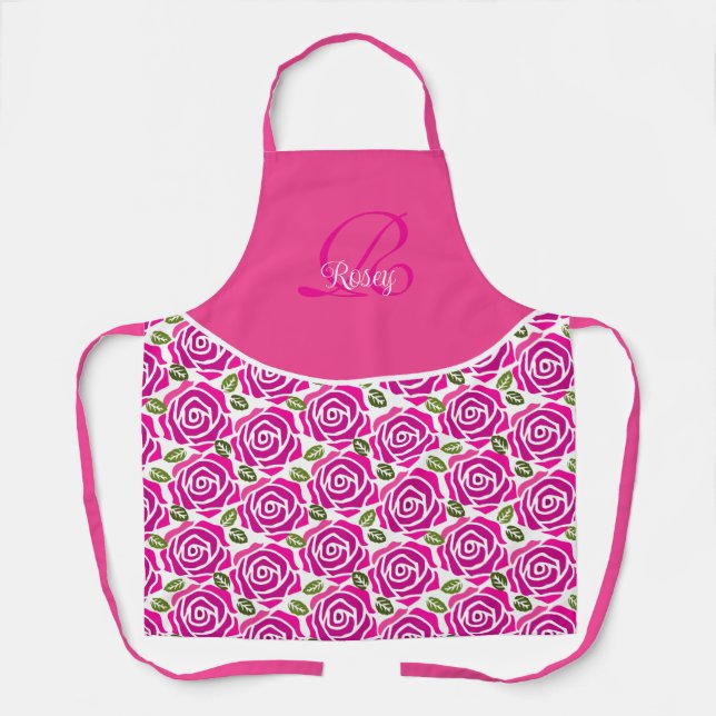 Tablier Nom Initial Stylé Roses Rose Chaud Magenta Personn (Recto)