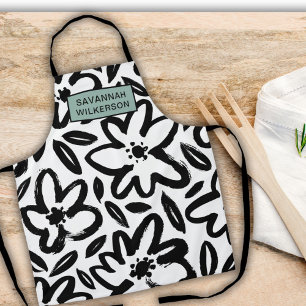 Tablier Nom moderne de fleur noir et blanc