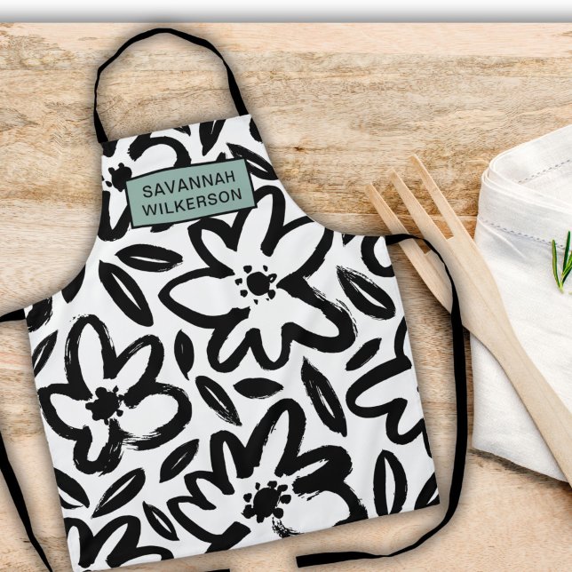 Tablier Nom moderne de fleur noir et blanc (Créateur téléchargé)