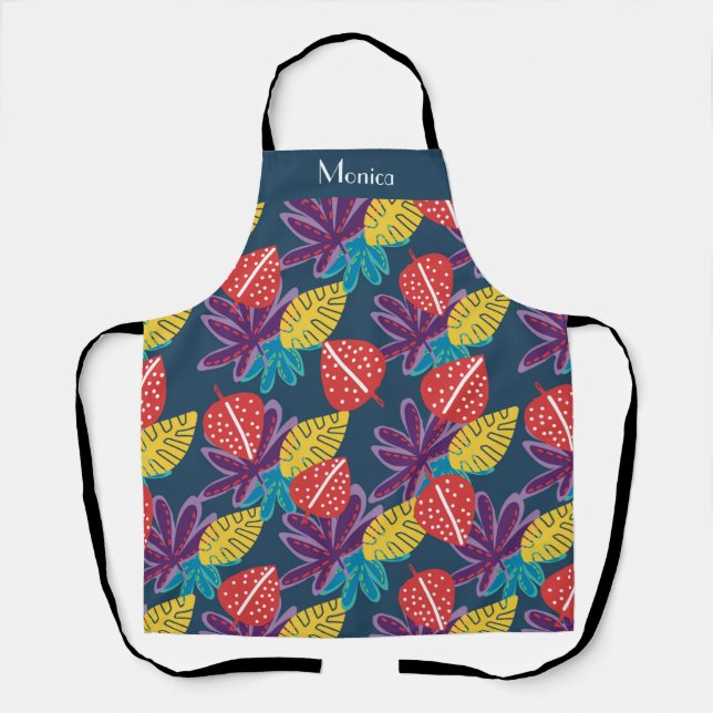 Tablier Nom moderne motif floral tropical vert (Recto)