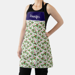 Tablier Nom monogramme baies de houx de Noël pour les vaca