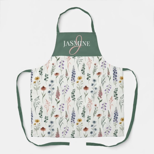 Tablier Nom monogramme bohème de fleur sauvage à l'aquarel (Recto)
