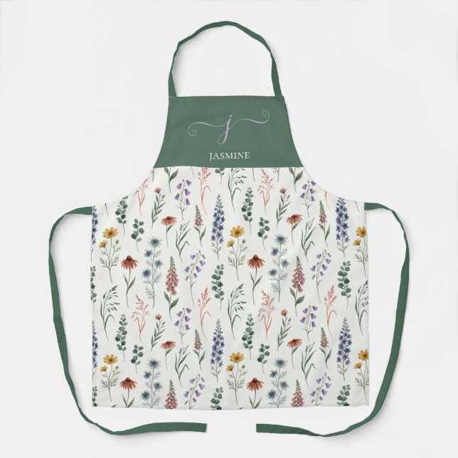Tablier Nom monogramme bohème de fleur sauvage à l'aquarel (Recto)