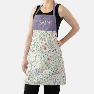 Tablier Nom monogramme bohème de fleur sauvage aquarelle v