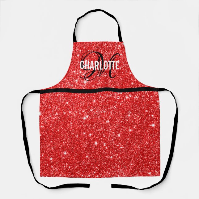 Tablier Nom monogramme de parties scintillant rouge chic (Recto)