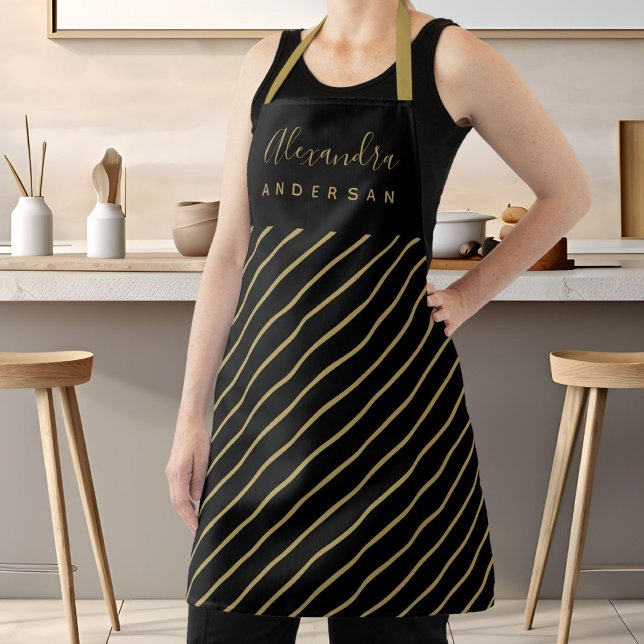 Tablier Nom monogramme élégant écriture cursive Rayures no (Elegant Script Name Monogram Black Gold Stripes Apron)