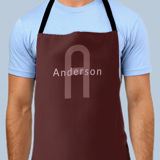 Tablier Nom Monogrammé Moderne | Rouge Marron (Créateur téléchargé)