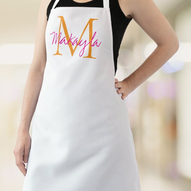 Tablier Nom Monogramme Script Rose (Créateur téléchargé)