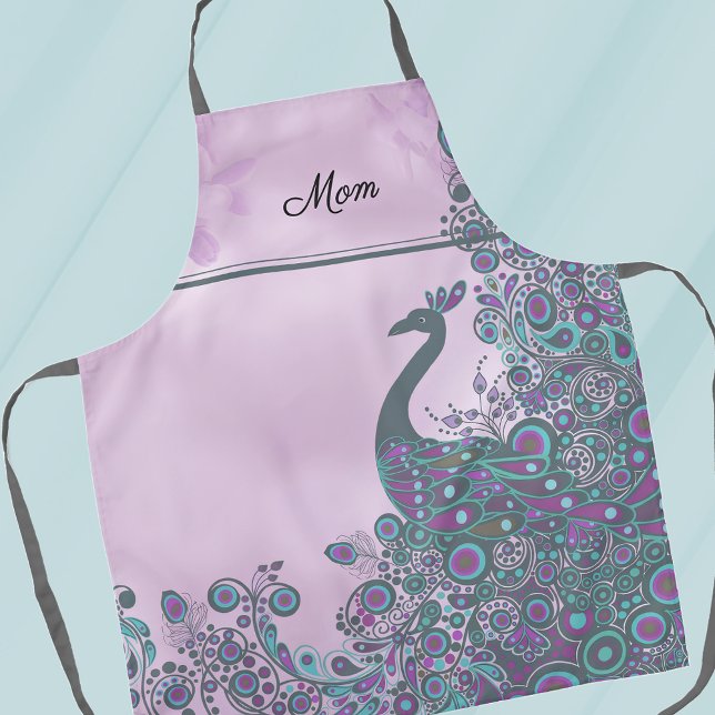 Tablier Nom, Motif décoratif de paon violet et sarcelle (Créateur téléchargé)