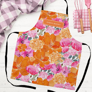 Tablier Nom personnalisé Cuisine Florale Orange Rose Clair