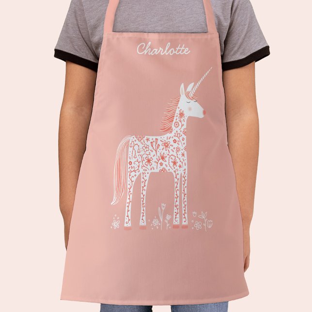 Tablier Nom personnalisé de la licorne rose magique (Magical unicorn personalized name girl's pink apron)