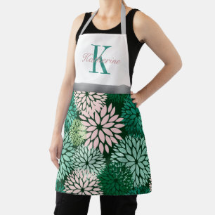 Tablier Nom personnalisé du monogramme vert rose dahlia
