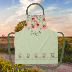 Tablier Nom personnalisé été Vert Floral Apron